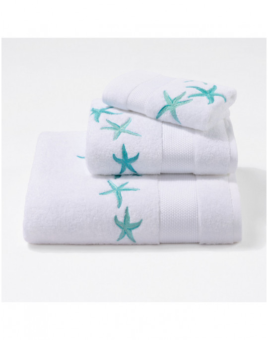 Serviettes éponge brodées STARFISH (blanc-turquoise)