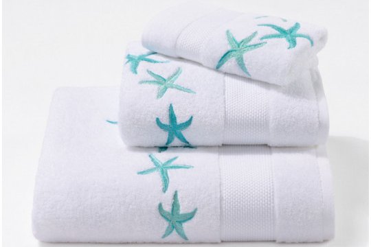 Serviettes éponge brodées STARFISH (blanc-turquoise)