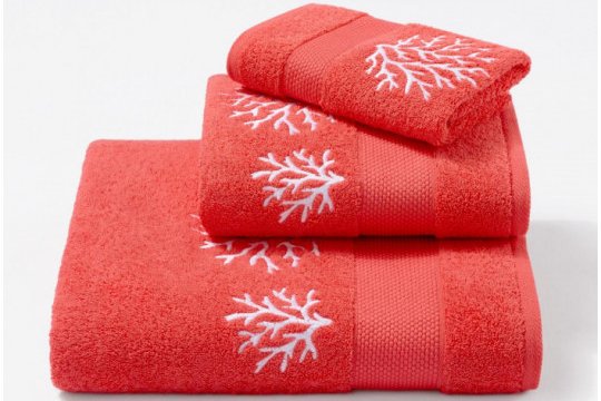 CORAUX (corals) embroidered bath towels (coral - white)