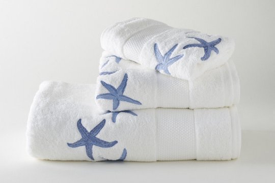 STARFISH embroidered bath towels (white - blue)