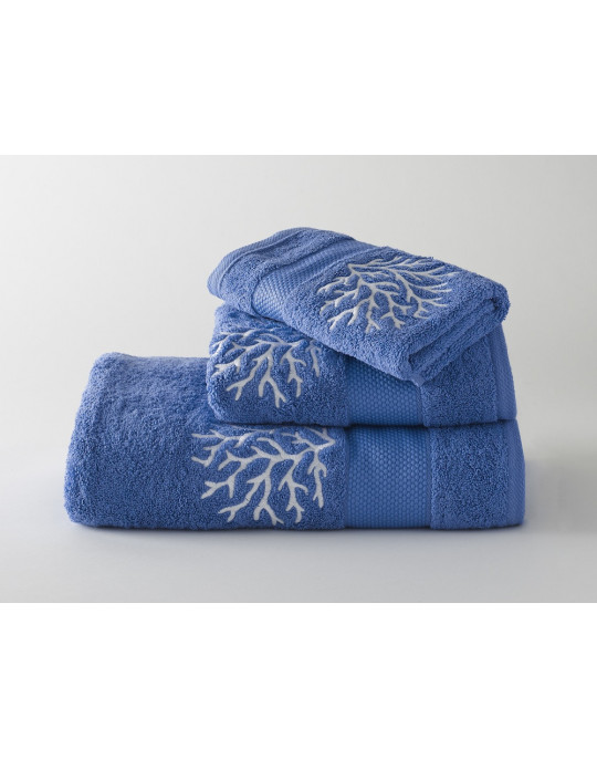 CORAUX (corals) embroidered bath towels (blue - white)