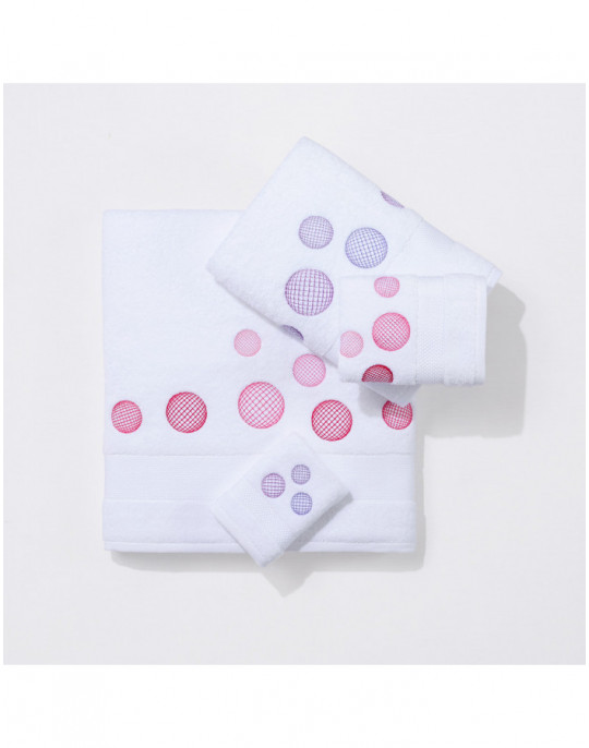 Serviettes éponge brodées BULLES (blanc-mauve/ blanc-rose)