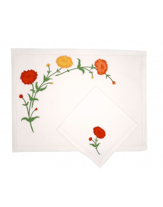 "Zinnias" hand embroidered place mat and napkin