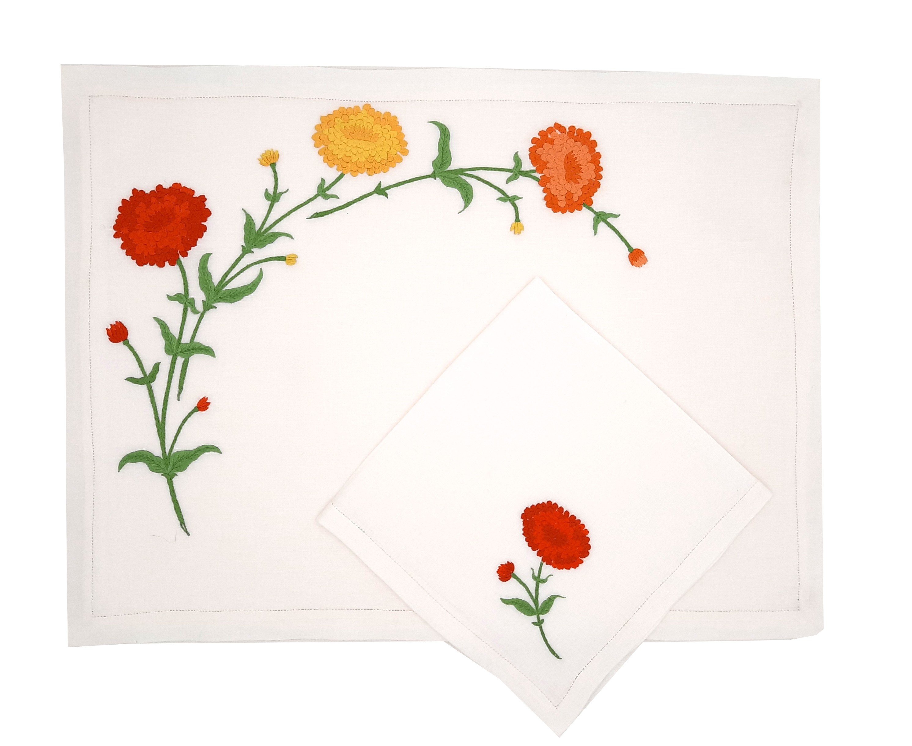 Set de table et serviette "Zinnias"  - brodés main