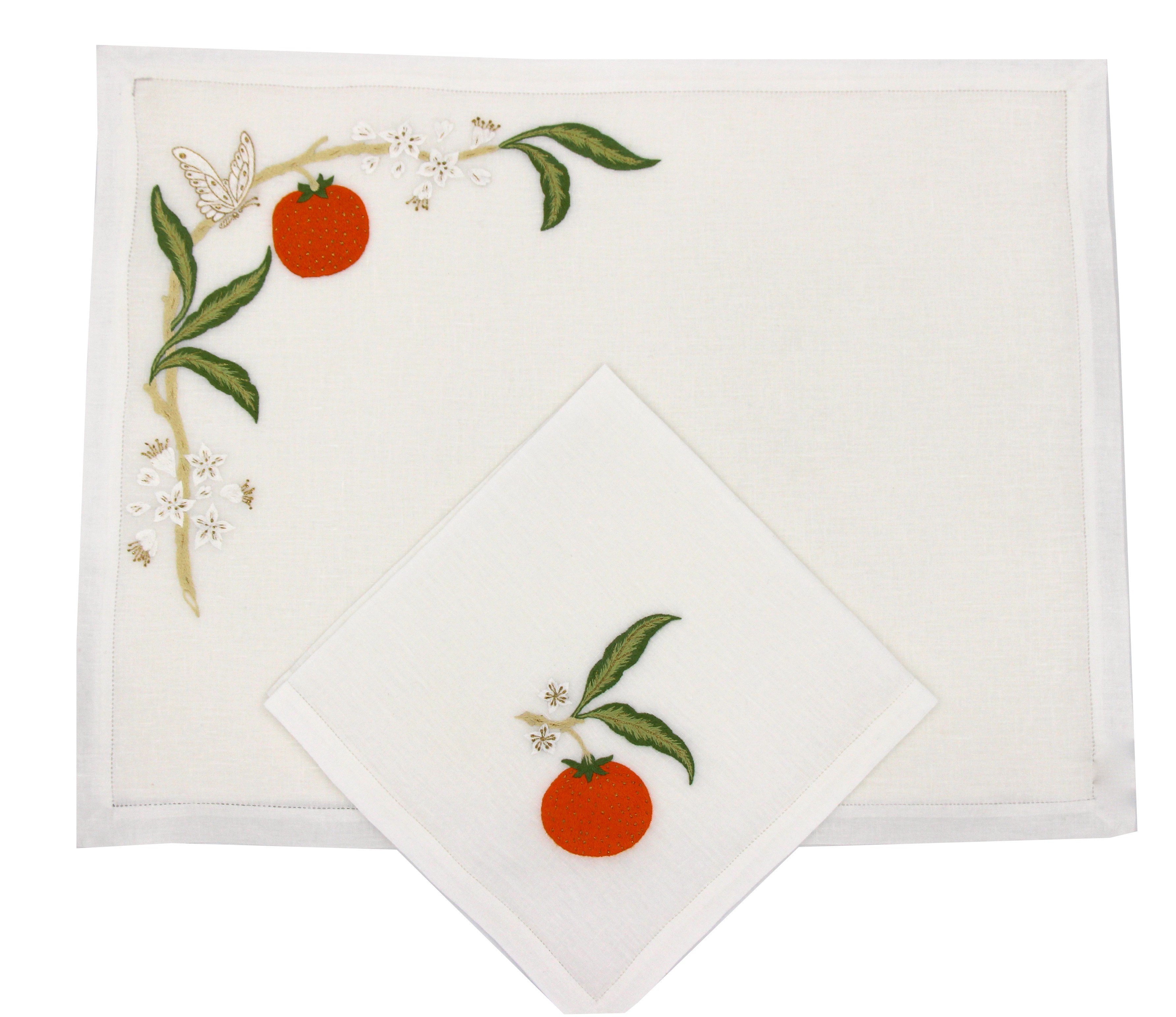 "Orange & lemon"  hand embroidered placemat and napkin