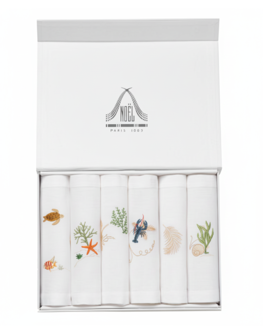 Serviette cocktail brodée "Coquillages et Poissons"